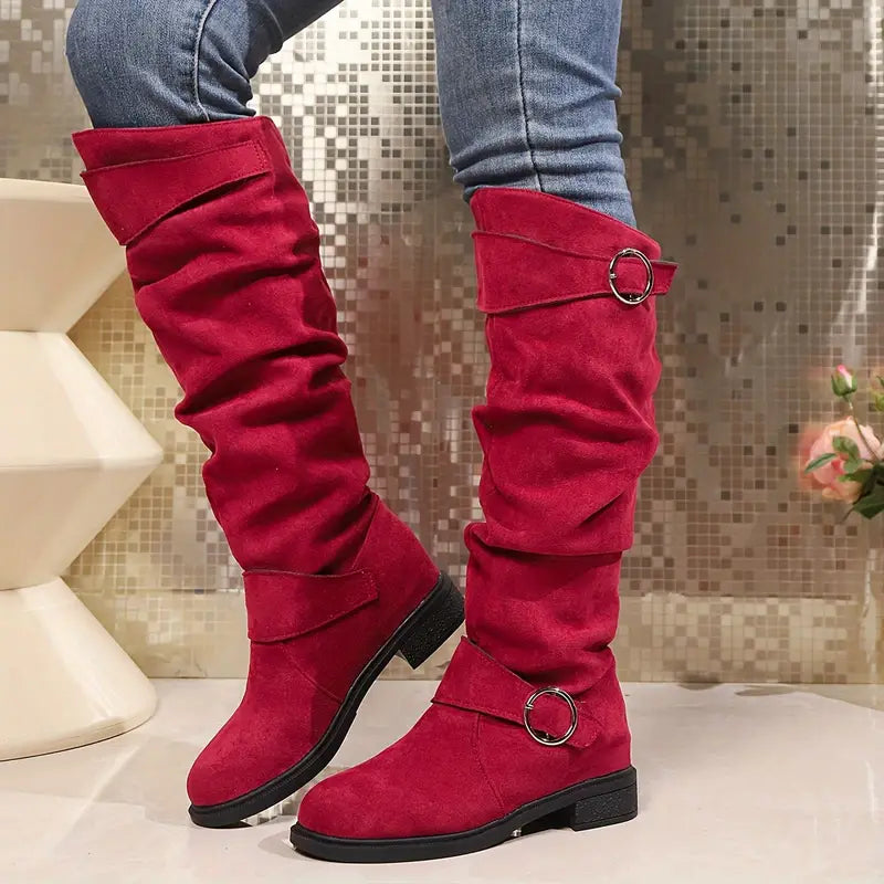 🎄Last day 49% Off❤️ Women's Solid Color Trendy Boots, Buckle Belt Pull On Chunky Heel High Knee Boots, Winter Round Toe Slouchy Boots