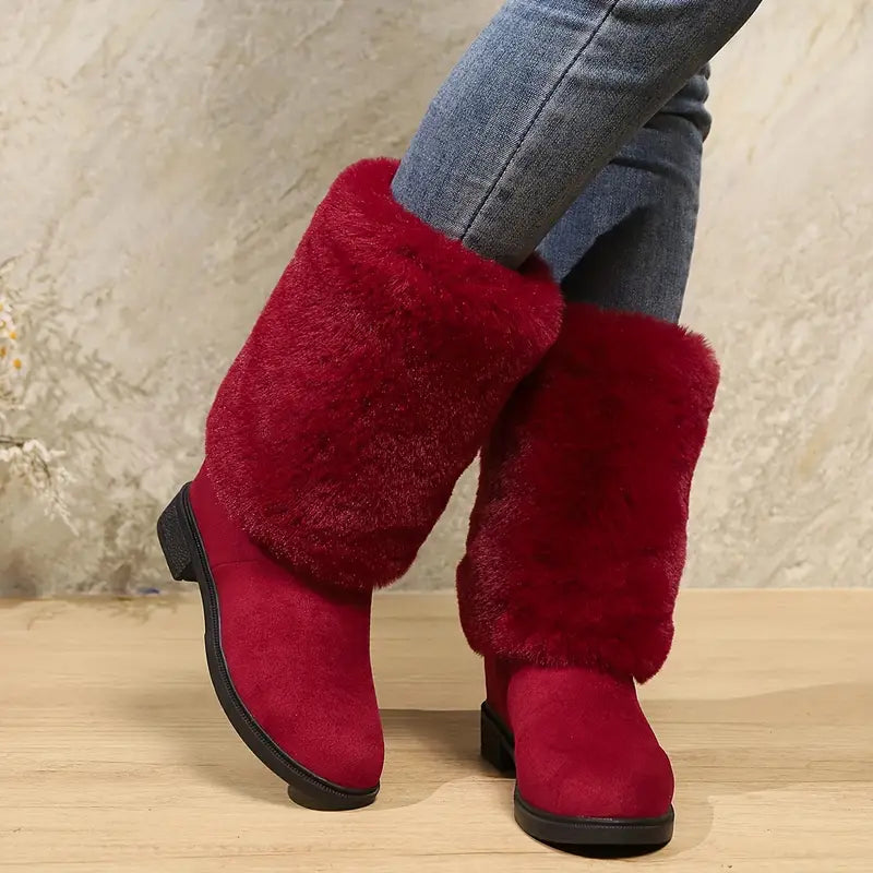 Women's Fashion Mid-Calf Faux Fur Boots - Solid Color Slip-On Comfort Winter Footwear with Plain Toe, Platform Heel, European Special Collection