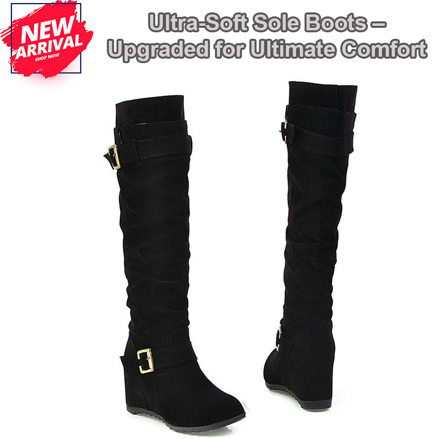 🎄Last day 49% Off❤️ Women's Solid Color Trendy Boots, Buckle Belt Pull On Chunky Heel High Knee Boots, Winter Round Toe Slouchy Boots