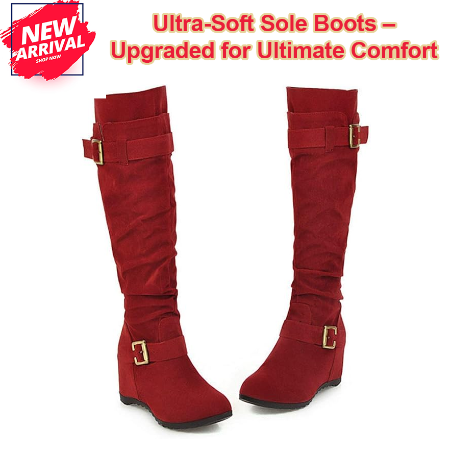 🎄Last day 49% Off❤️ Women's Solid Color Trendy Boots, Buckle Belt Pull On Chunky Heel High Knee Boots, Winter Round Toe Slouchy Boots