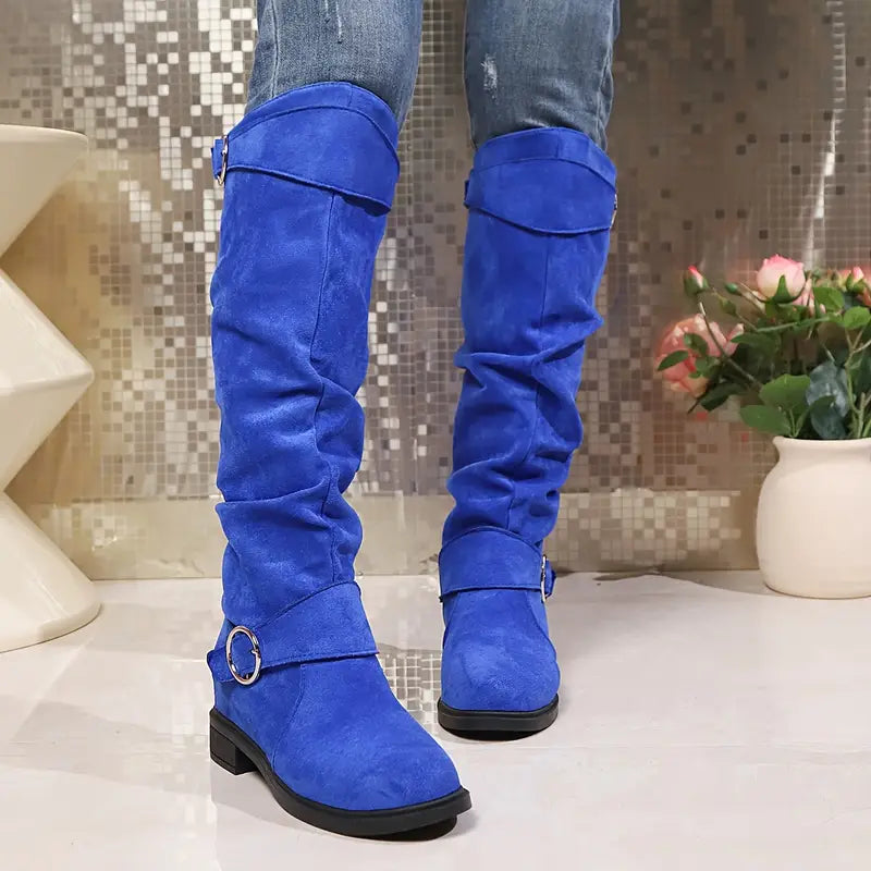 🎄Last day 49% Off❤️ Women's Solid Color Trendy Boots, Buckle Belt Pull On Chunky Heel High Knee Boots, Winter Round Toe Slouchy Boots