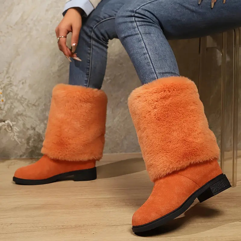 Women's Fashion Mid-Calf Faux Fur Boots - Solid Color Slip-On Comfort Winter Footwear with Plain Toe, Platform Heel, European Special Collection