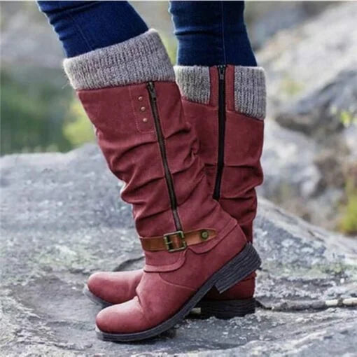 Women’s Leather Flat Heel Mid-Calf Zipper Boots