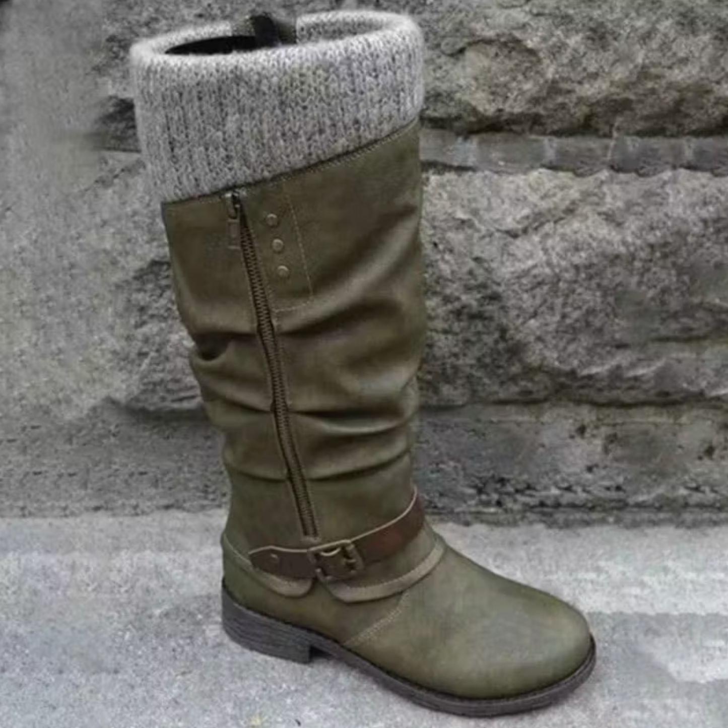 Women’s Leather Flat Heel Mid-Calf Zipper Boots