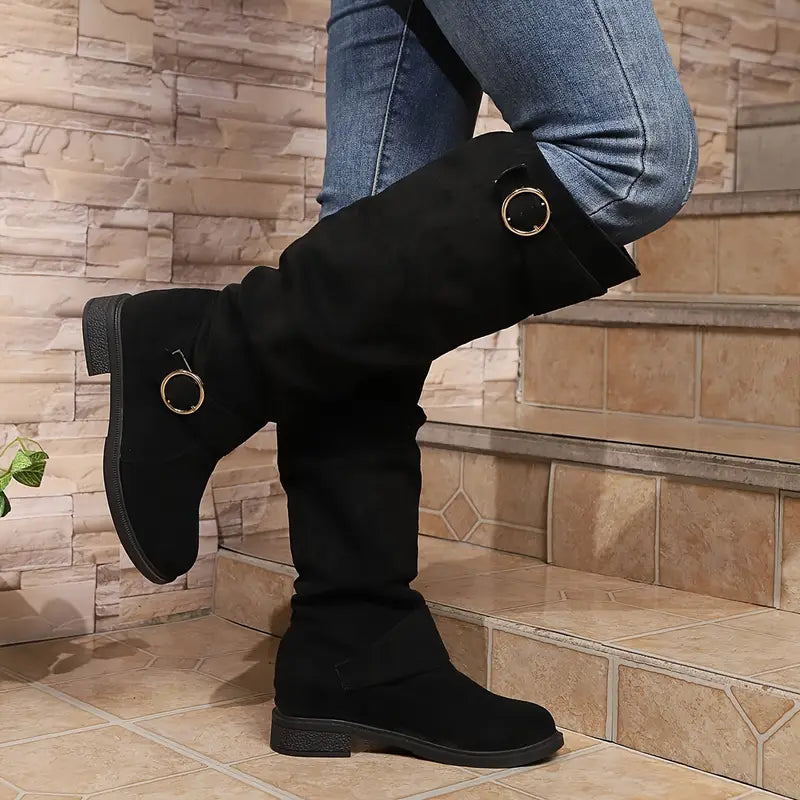 🎄Last day 49% Off❤️ Women's Solid Color Trendy Boots, Buckle Belt Pull On Chunky Heel High Knee Boots, Winter Round Toe Slouchy Boots