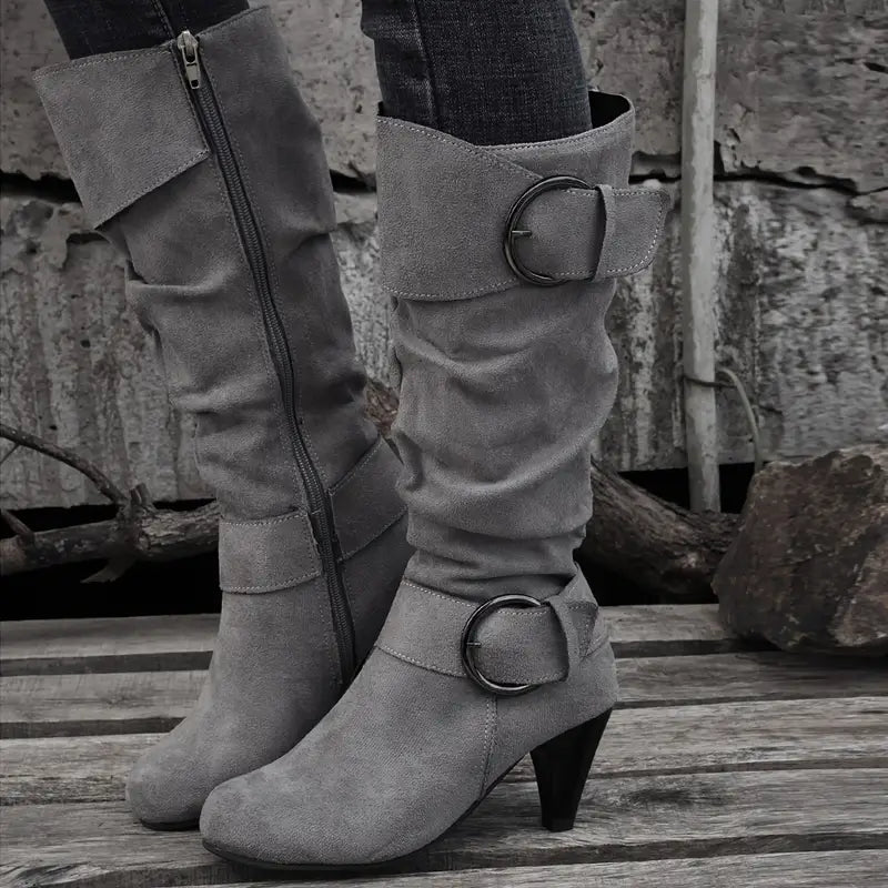 Chic Womens Knee High Boots - Soft Slouch Style with Fashion Buckle & Stiletto Heels - Smooth Zipper, Ultimate Comfort in Premium Suedette Finish - Long-Length