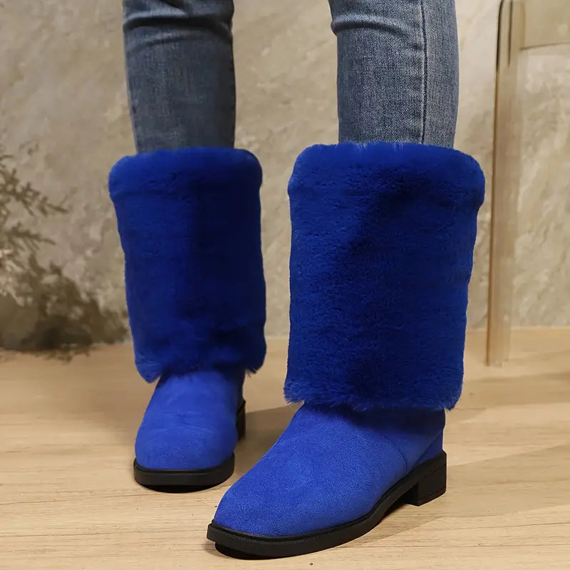 Women's Fashion Mid-Calf Faux Fur Boots - Solid Color Slip-On Comfort Winter Footwear with Plain Toe, Platform Heel, European Special Collection