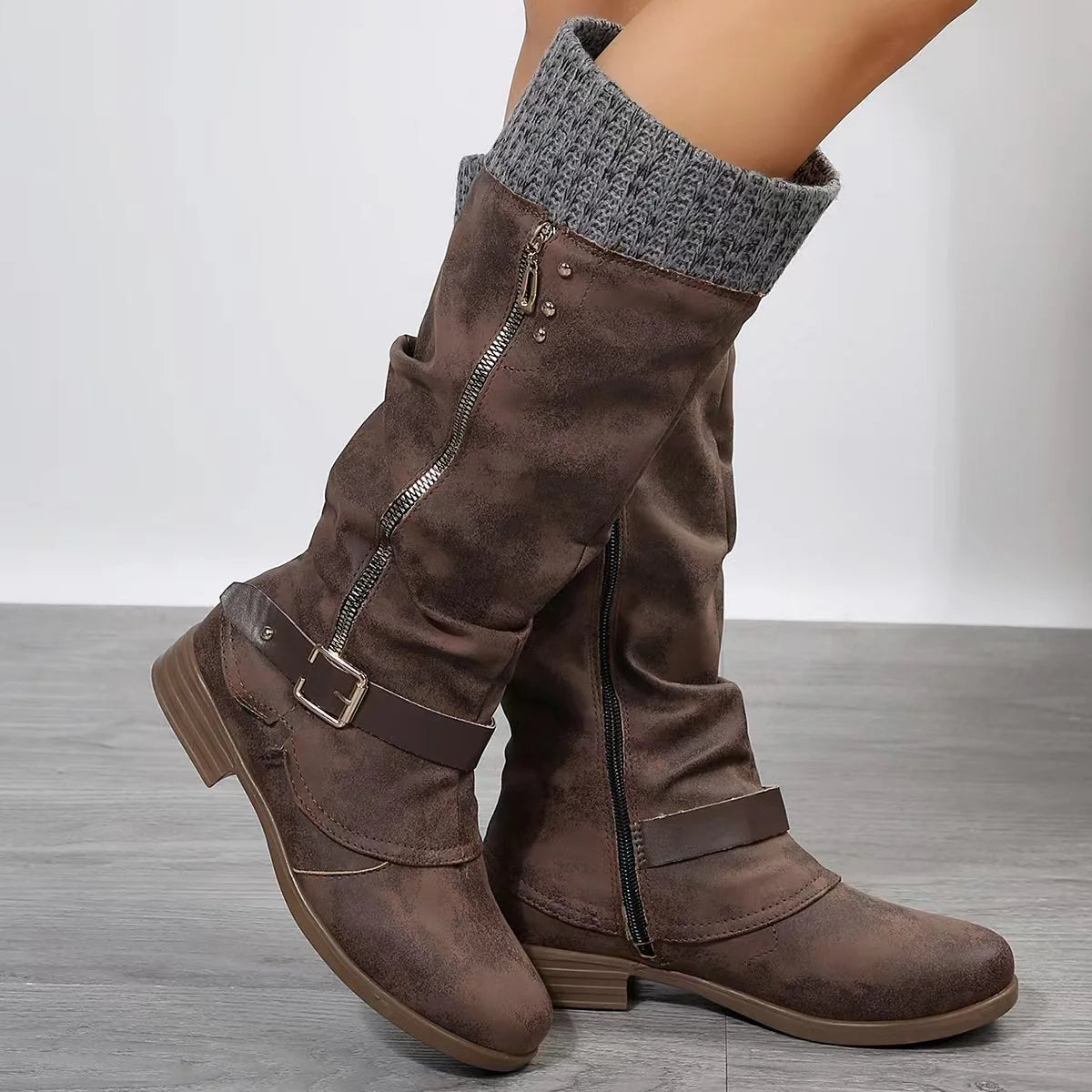 Women’s Leather Flat Heel Mid-Calf Zipper Boots